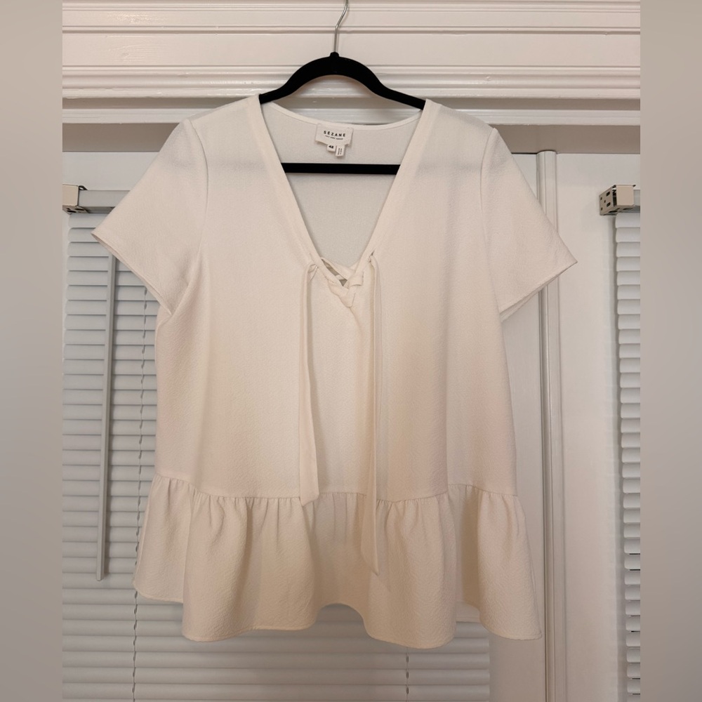 Sezane Off White Blouse Short Sleeve Peplum Tie Detail
